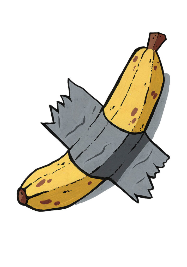 a drawing of a banana duct taped to the wall drawing with Posca pens