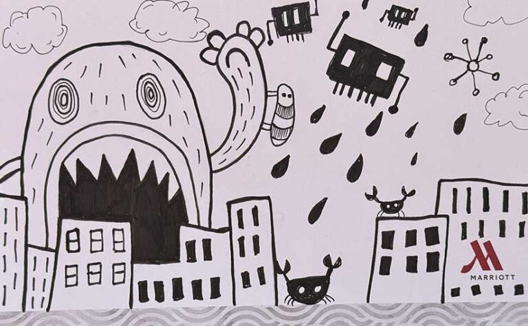 doodle of characters invading a city skyline