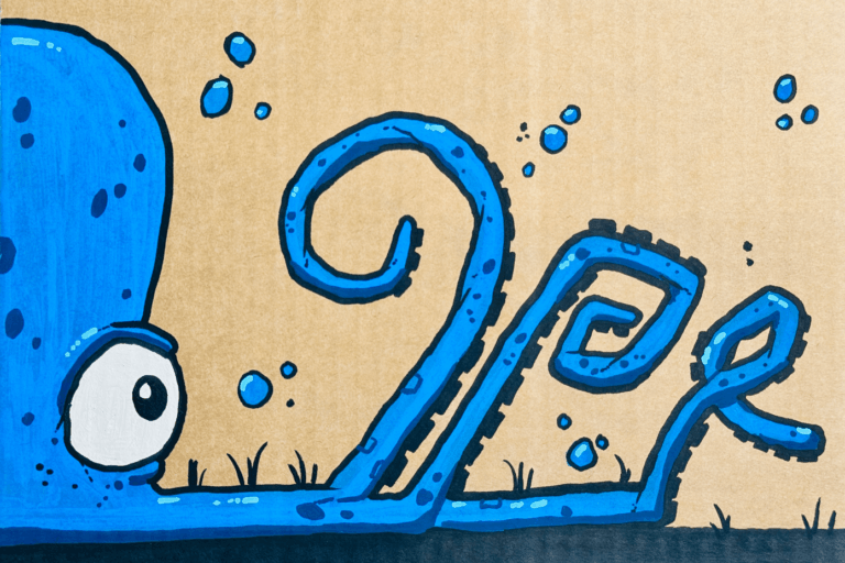 A blue octopus drawn with Posca pens on cardboard